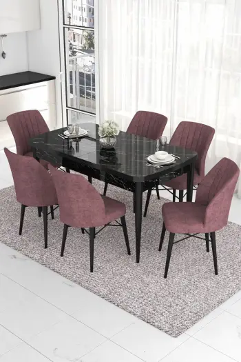 Tavolinë me karrige (7 copë), ngjyrë mermeri të zi dhe rozë e zbehtë, Skye Decor, Eva