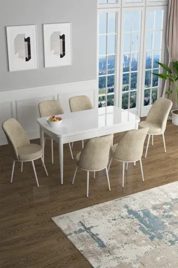 Set tavoline me karrige për ngrënie, e zgjatshme, 7 copë, Skye Decor, e bardhë, krem