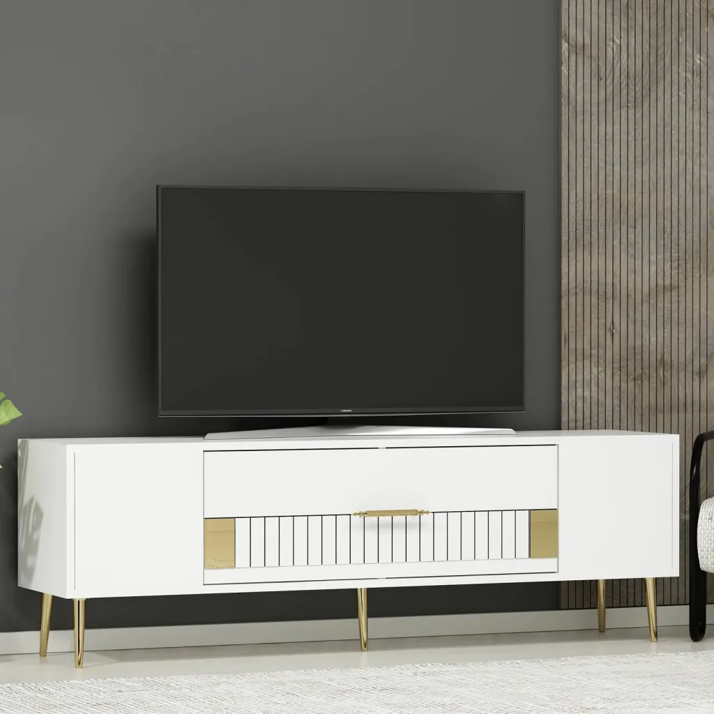 Komodë TV, ngjyrë e bardhë dhe ari, Skye Decor, Dekolp4 - 2
