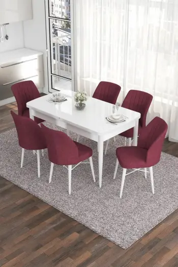 Tavolinë me karrige, set 7 copësh, e zgjatshme, ngjyrë e bardhë dhe burgundy, Skye Decor, Eva