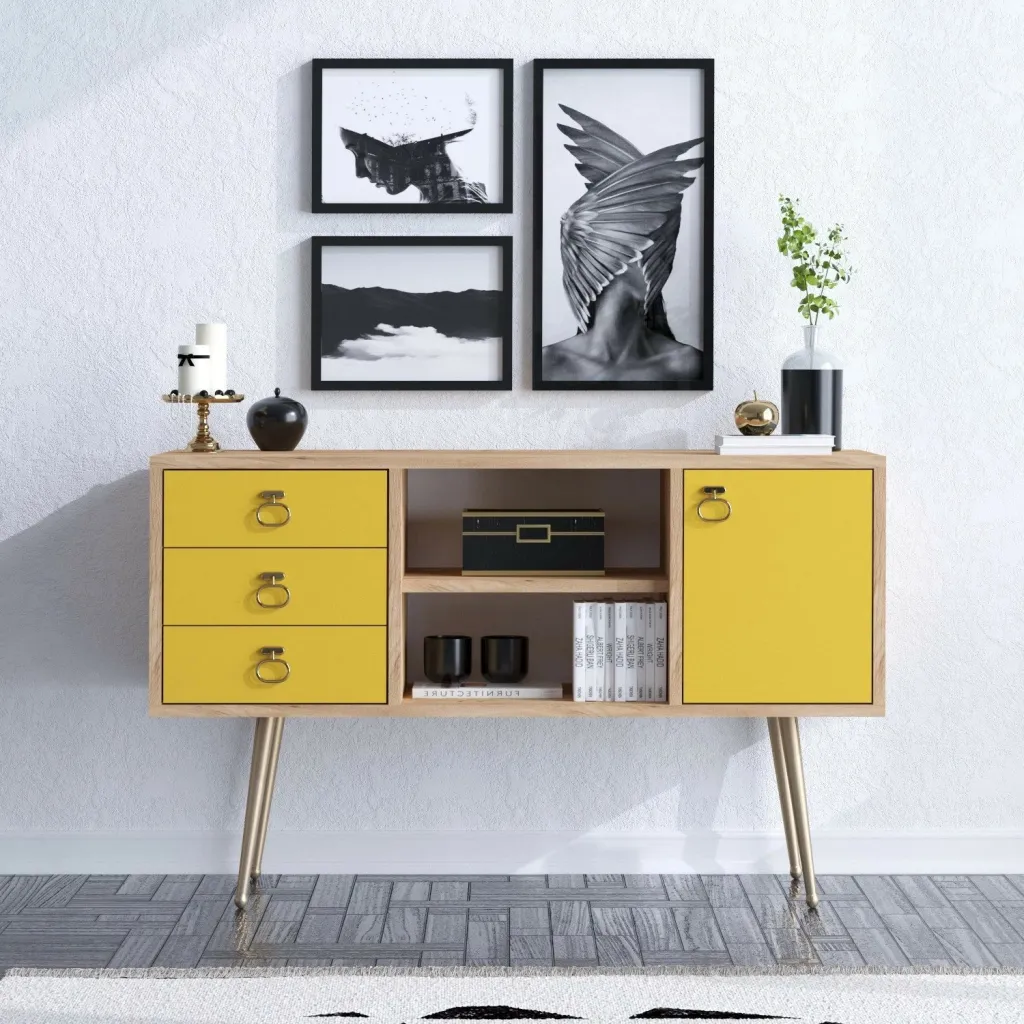 Komodë moderne Skye Decor, ngjyrë lis dhe e verdhë, KLEA - 1