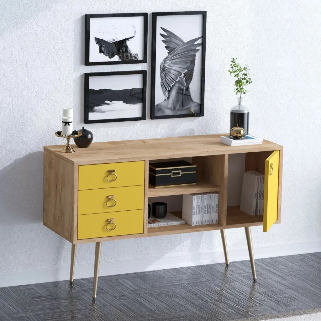 Komodë moderne Skye Decor, ngjyrë lis dhe e verdhë, KLEA - 2