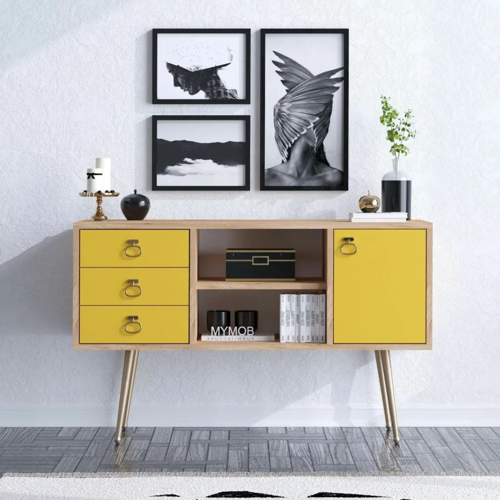 Komodë moderne Skye Decor, ngjyrë lis dhe e verdhë, KLEA - 3