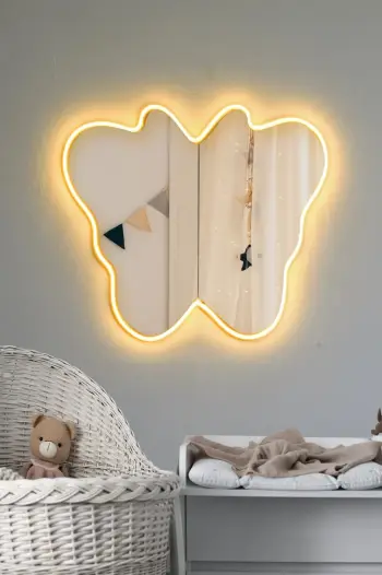 Pasqyrë me ndriçim LED, formë fluture, ngjyrë e verdhë, Skye Decor