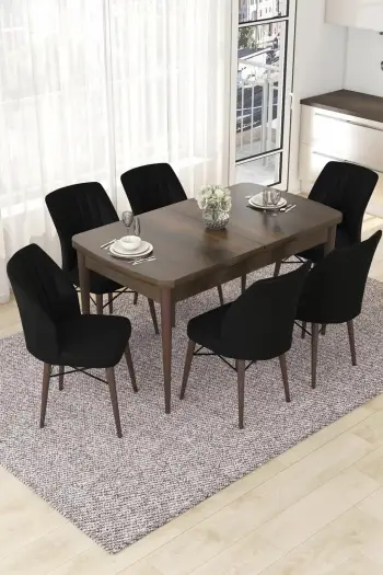 Tavolinë me karrige, zgjatshme, 7 copë, Skye Decor, Barok, e zezë
