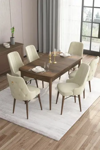 Set tavoline me karrige për ngrënie, zgjatues, ngjyrë barok dhe krem, 7 copë, Skye Decor
