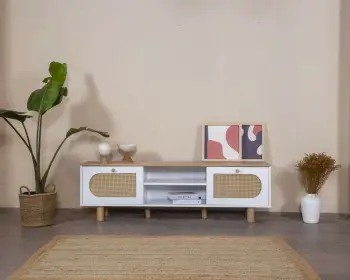Komodë TV Skye Decor, stil bohem, e bardhë dhe lis