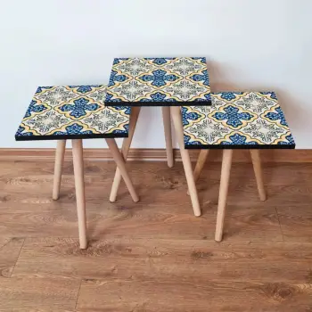 Set tavolinash të mbivendosura, Skye Decor, 3 copë, model me ngjyra marinë, verdhë e bardhë, 3Shp38