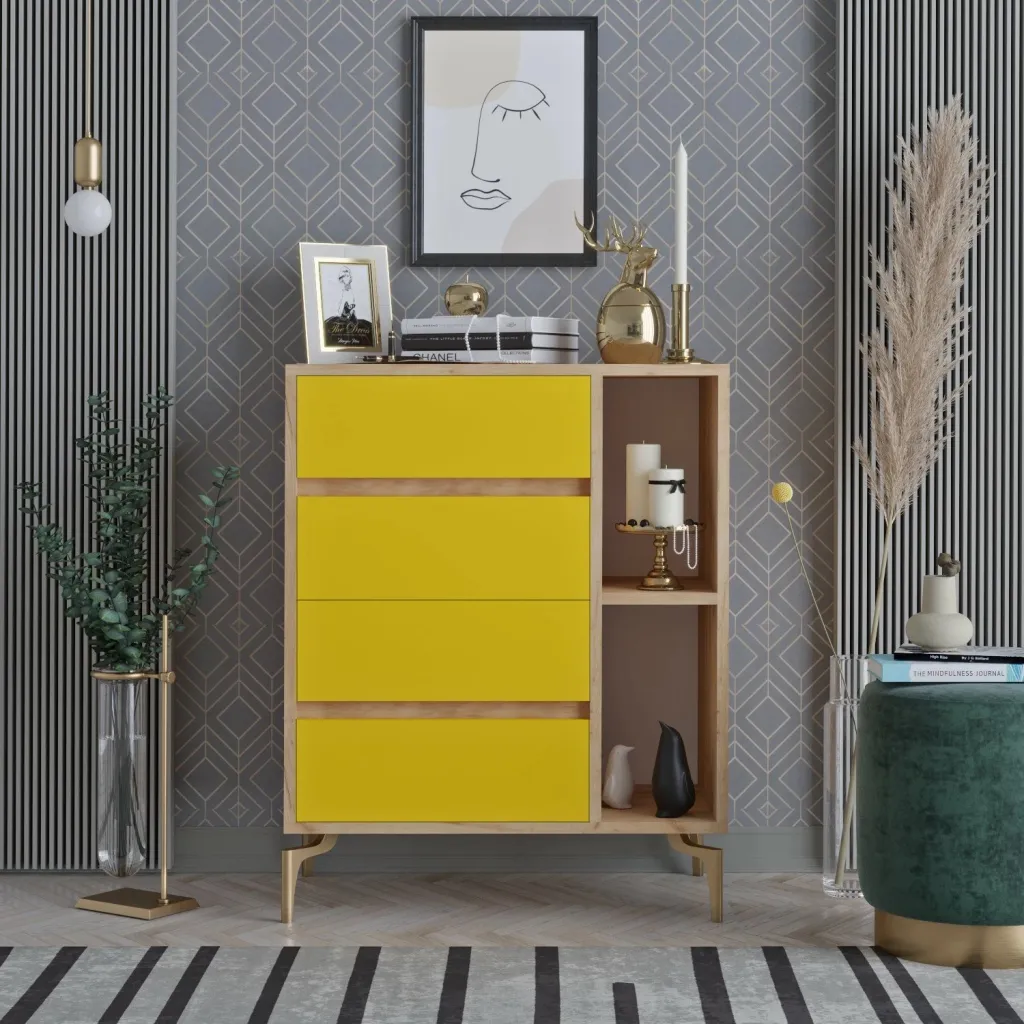 Komodë moderne Skye Decor, ngjyrë lisi dhe e verdhë, YUMİ - 1