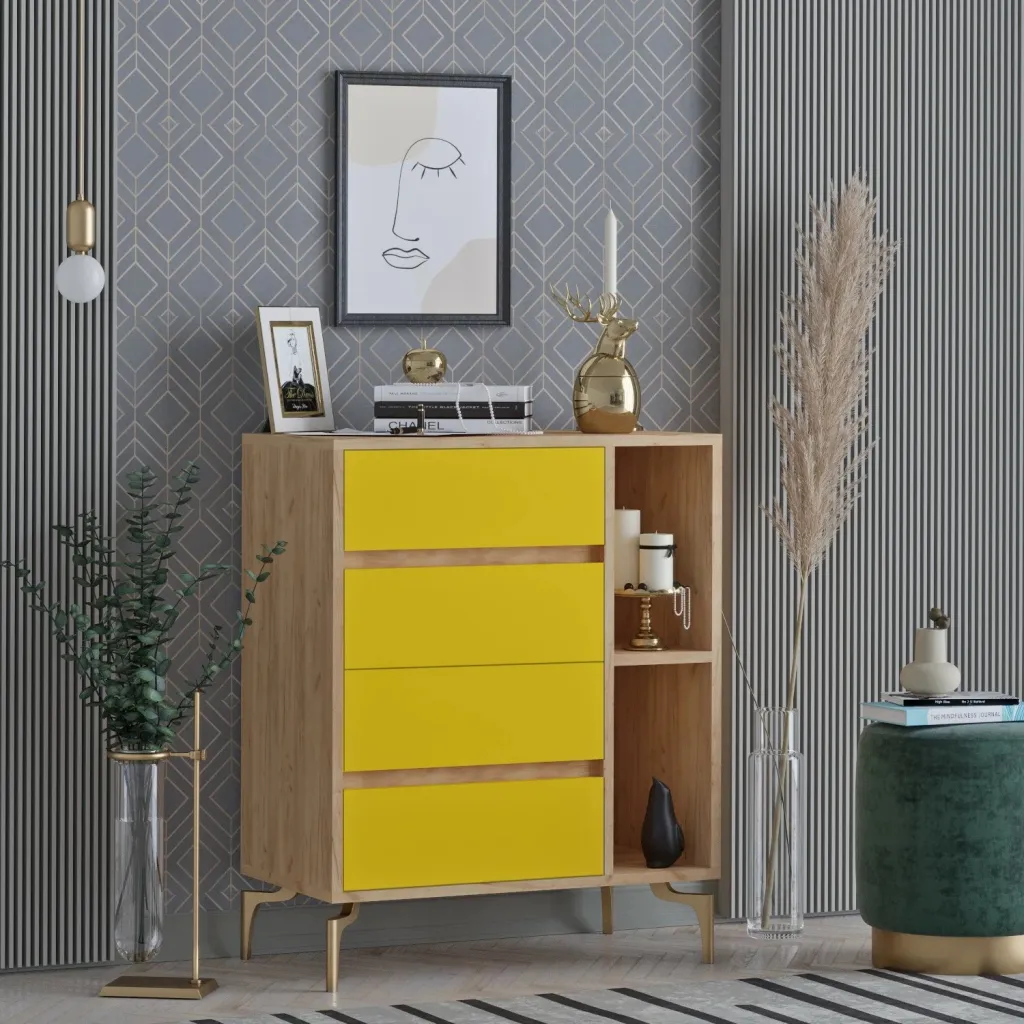 Komodë moderne Skye Decor, ngjyrë lisi dhe e verdhë, YUMİ - 2