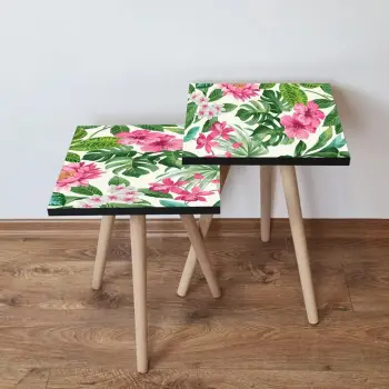Set tavolina të mbivendosura, dizajn lulesh, Skye Decor, 2 copë, jeshile