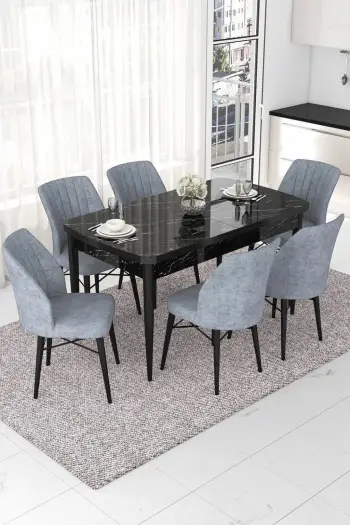 Tavolinë me karrige për ngrënie, e zgjatshme, 7 copë, ngjyrë mermeri të zi, gri, Skye Decor