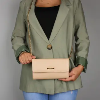 Kuletë crossbody prej lëkure, ngjyrë bezhë, zinxhir 118cm, Zoozie Bags 1449