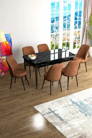 Set tavolinë me karrige për ngrënie, zgjatues, ngjyrë mermeri të zi dhe të kuqe, 7 copë, Skye Decor, Han