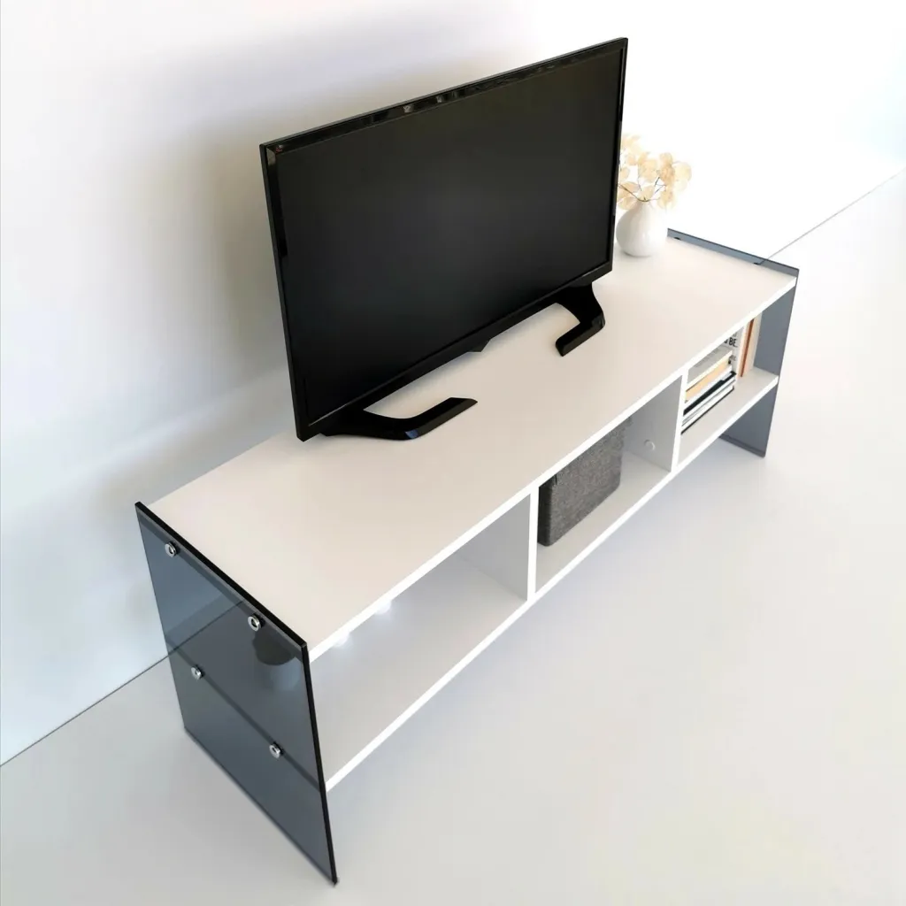 Komodë TV Skye Decor, TV401, e bardhë dhe fume - 2