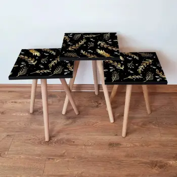 Set tavolinash ndihmëse, 3 copë, Skye Decor, ngjyrë e zezë me detaje ari, 3Shp382