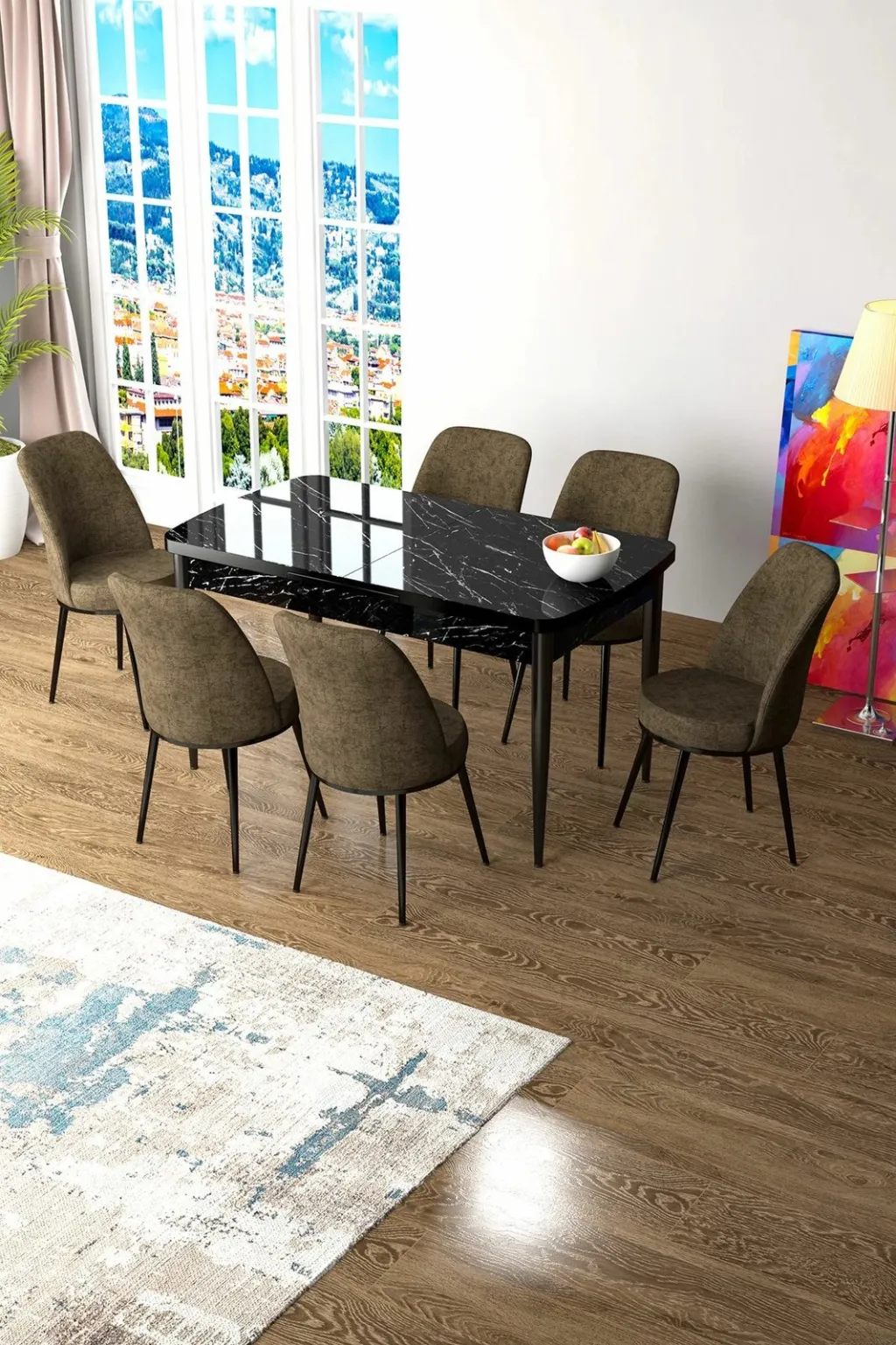 Set tavolinë me karrige, zgjatues, Skye Decor, mermer i zi, kafe, 7 copë - 1