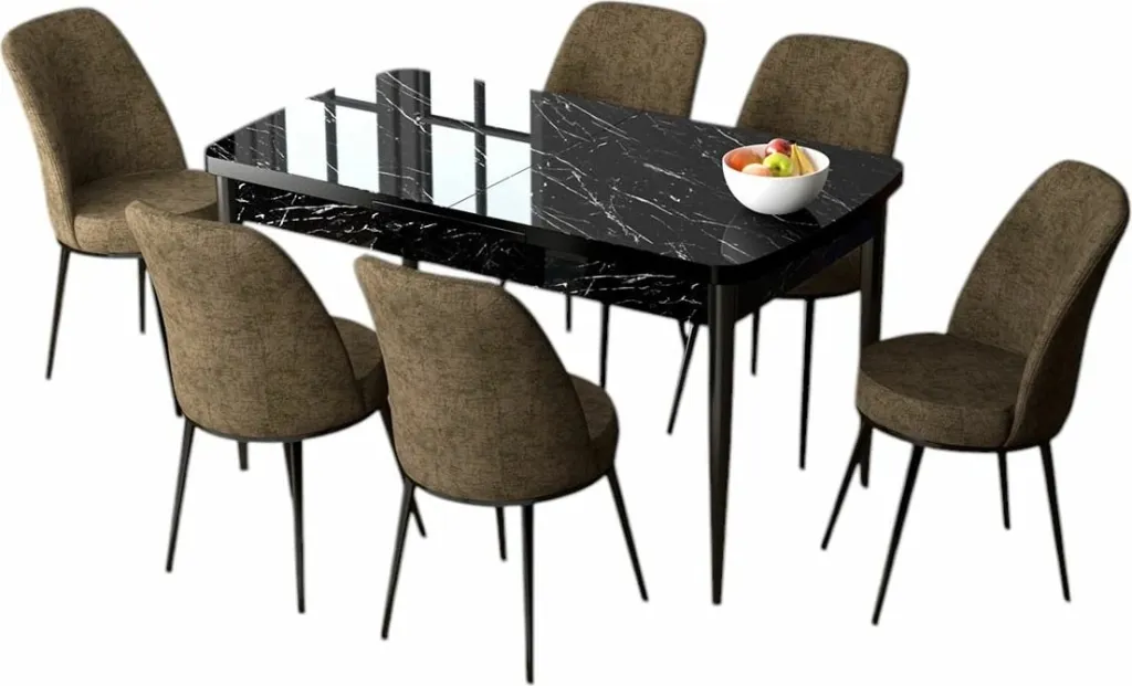 Set tavolinë me karrige, zgjatues, Skye Decor, mermer i zi, kafe, 7 copë - 2