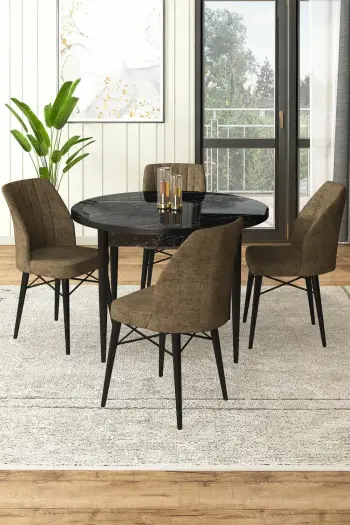 Tavolinë me karrige, 5 copë, Skye Decor Rox, mermer i zi, kafe
