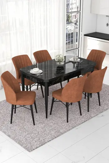 Tavolinë me karrige, zgjatshme, 7 copë, Skye Decor, sipërfaqe mermeri të zi, karrige ngjyrë të kuqe tile