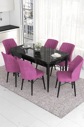 Tavolinë me karrige, e zgjatshme, 7 copë, Skye Decor, sipërfaqe mermeri të zi, karrige ngjyrë vjollcë