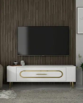 Komodë TV, ngjyrë e bardhë dhe ari, Skye Decor, Retrop3