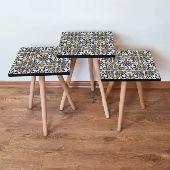 Set tavolinash ndihmëse, 3 copë, Skye Decor, 3Shp24, ngjyrë kaltër e errët, verdhë, bardhë