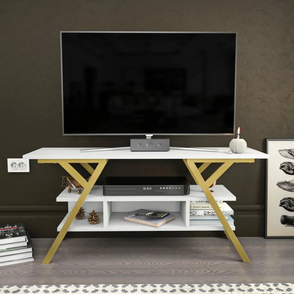 Komodë TV Skye Decor, Minerva, ngjyrë ari dhe e bardhë - 1