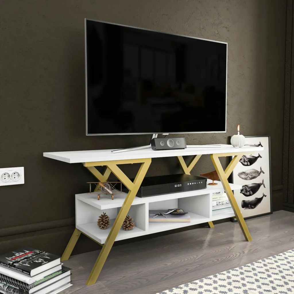 Komodë TV Skye Decor, Minerva, ngjyrë ari dhe e bardhë - 2
