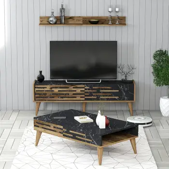 Set mobiljesh për dhomë dite Skye Decor, Valensiya 140, ngjyrë arre, e zezë, mermer
