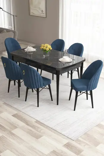 Set tavolinë me karrige për ngrënie, zgjatës, Skye Decor, rozë - mermer i zi, blu e errët (7 copë)