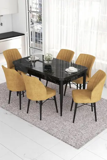 Tavolinë me karrige, zgjatshme, 7 copë, Skye Decor, sipërfaqe mermeri të zi, karrige kapuçino