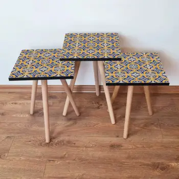 Set tavolinash ndihmëse (3 copë), Skye Decor, 3Shp35, ngjyrë kaltër e errët, portokalli dhe e bardhë