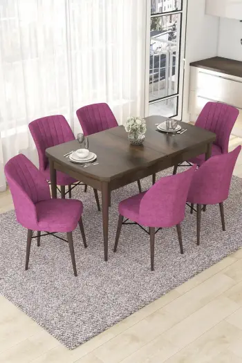 Set tavoline me karrige për ngrënie, zgjatshme, 7 copë, ngjyrë barok dhe e purpurt, Skye Decor
