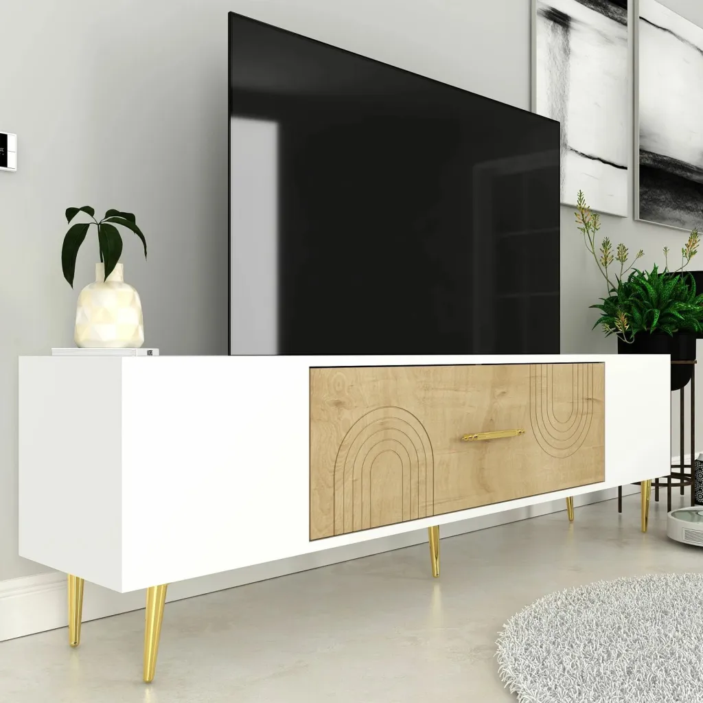 Komodë TV Skye Decor, e bardhë, lis safir, e artë, Dekol2 - 2