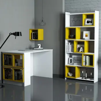 Set tavoline studimi me raft librash, ngjyrë bardhë-verdhë, Skye Decor