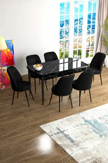 Tavolinë me karrige (7 copë), e zgjatshme, Skye Decor, Han, mermer i zi, e zezë