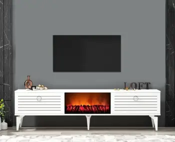 Komodë TV me oxhak elektrik, ngjyrë e bardhë, Skye Decor Arona
