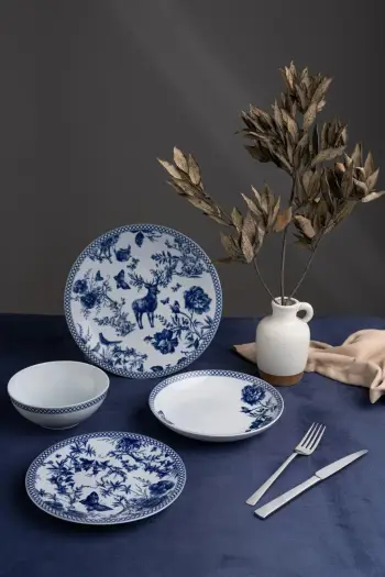 Set enësh për darkë (24 copë), Hermia Concept, ZG24Y260012195, porcelan, ngjyrë kaltër dhe e bardhë
