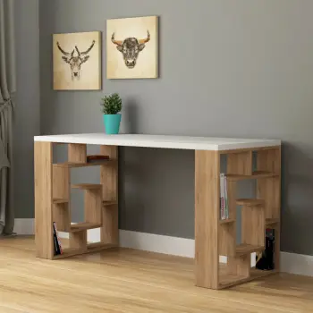 Tavolinë pune Skye Decor, Maze, e bardhë dhe lis