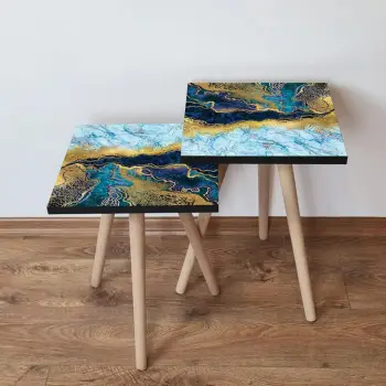 Set tavolina të mbivendosura, 2 copë, Skye Decor, 2Shp90, ngjyrë kaltër e errët, ar dhe e bardhë