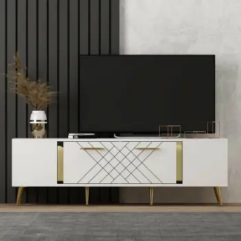 Komodë televizori, ngjyrë e bardhë dhe ari, Skye Decor, dizajn modern, 150x48.2x35cm