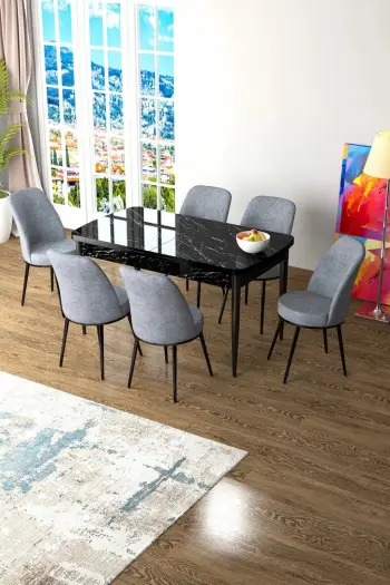 Set tavoline me karrige për ngrënie, zgjatues, Skye Decor, mermer i zi, gri, 7 copë