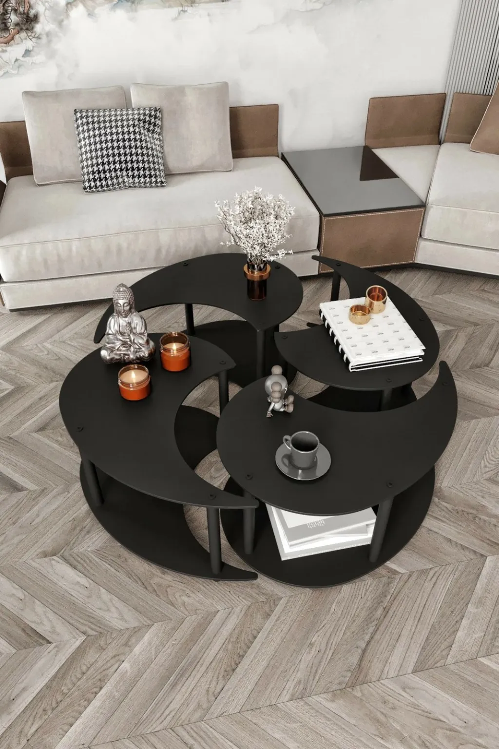 Set tavolinash kafeje Skye Decor, Yin Yang 4 copë, e zezë - 2