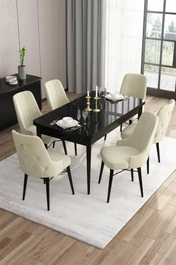 Set tavoline me karrige për ngrënie, zgjatës, 7 copë, Skye Decor, ngjyrë mermeri të zi, krem