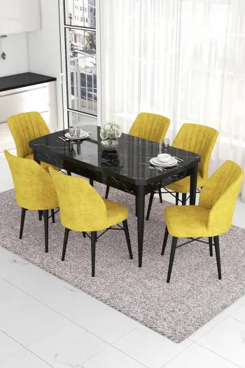 Set tavolinë me karrige për ngrënie, e zgjatshme, 7 copë, Skye Decor, sipërfaqe mermeri të zi, karrige ngjyrë mustardë