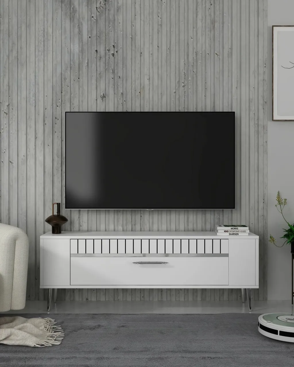 Komodë TV Skye Decor, Retrolp1, e bardhë, argjend - 1
