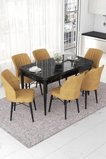 Tavolinë me karrige, e zgjatshme, 7 copë, Skye Decor, mermer i zi, kapuçino