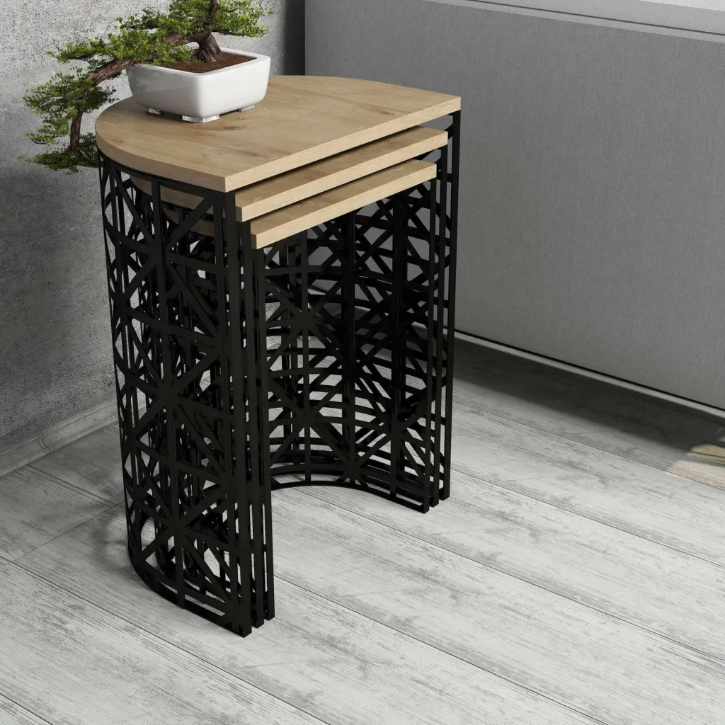 Set tavolinash ndihmëse të vendosshme, 3 copë, ngjyrë lisi dhe e zezë, Skye Decor - 2