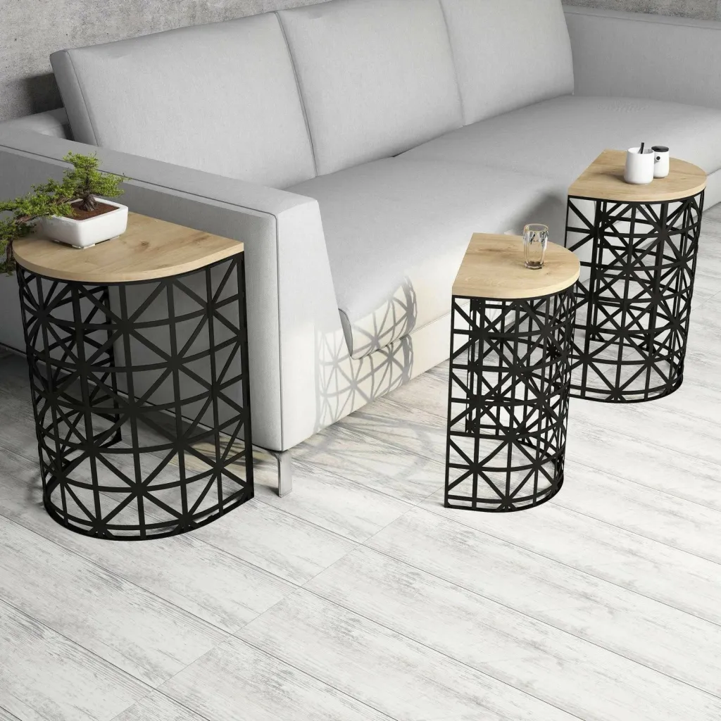 Set tavolinash ndihmëse të vendosshme, 3 copë, ngjyrë lisi dhe e zezë, Skye Decor - 3